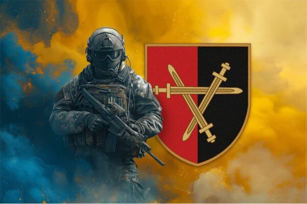 Флаг 32 отдельной механизированной бригады (32 ОМБр) ВСУ Воин с гербом подразделения