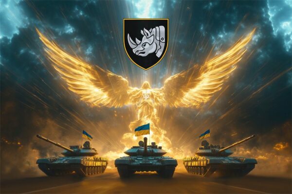 Флаг 4-я отдельная тяжёлая механизированная бригада (4 ОТМБр) СВ (лого 4) Ангел ВСУ золотой